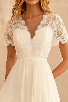 Ivory Chiffon V Neck Long A Line Engagement Dress with Lace