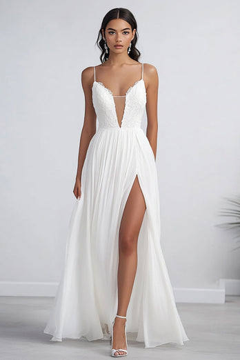 White Chiffon Long A Line Engagement Dress with Slit