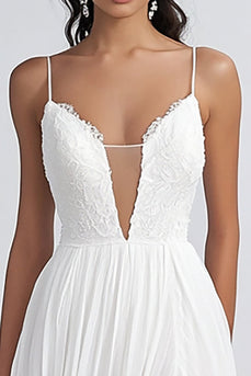 White Chiffon Long A Line Engagement Dress with Slit