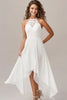 Load image into Gallery viewer, White Chiffon Asymmetrical A Line Engagement Dress with Lace