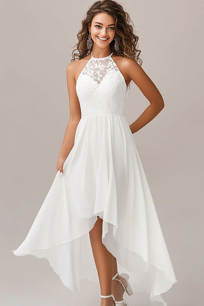 White Chiffon Asymmetrical A Line Engagement Dress with Lace