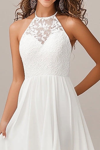 White Chiffon Asymmetrical A Line Engagement Dress with Lace