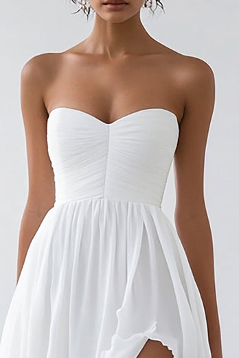 White Chiffon Sweetheart Long A Line Engagement Dress with Slit
