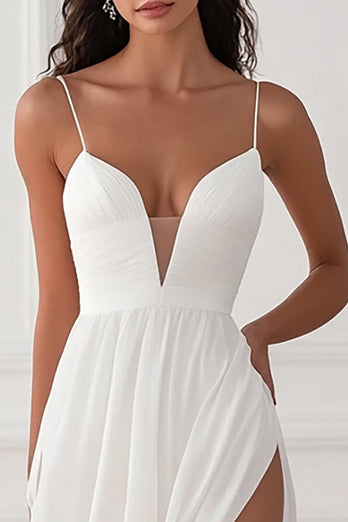 White Chiffon V Neck Long A Line Engagement Dress with Slit