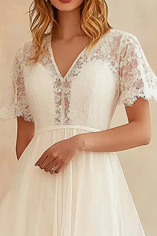 Ivory Chiffon V Neck Midi A Line Graduation Dress with Lace