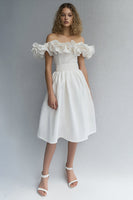 Load image into Gallery viewer, Women White Midi Bridal Shower Dress with Ruffles Off The Shoulder A Line Cocktail Dress