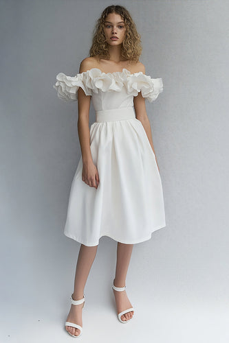 White Off The Shoulder Midi A Line Graduation Dress with Ruffles
