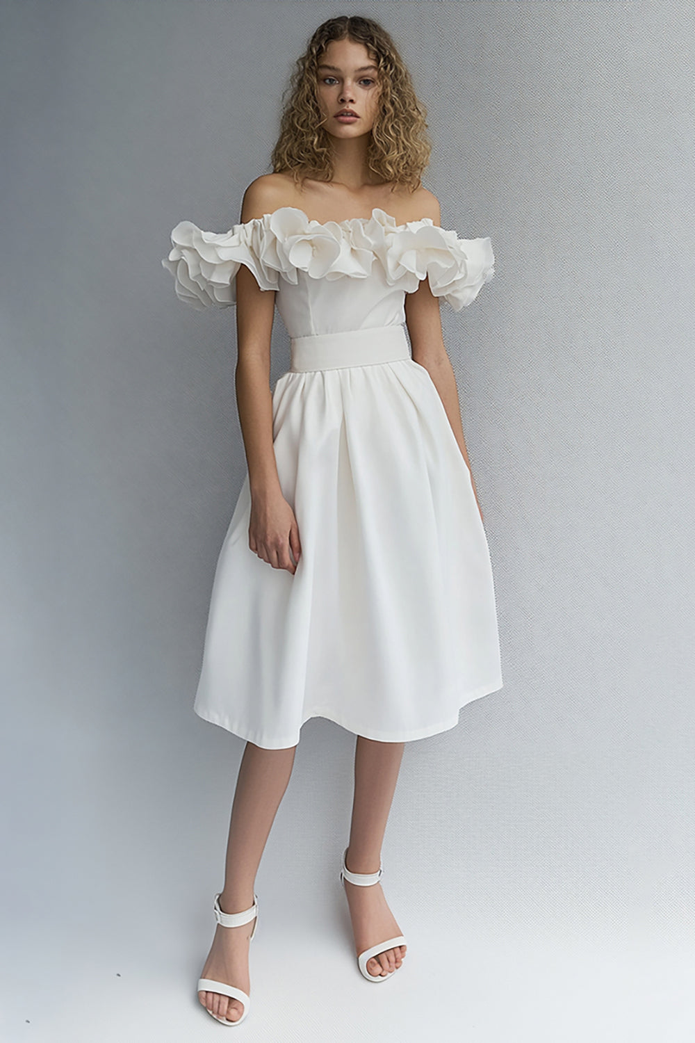 White Off The Shoulder Midi A Line Graduation Dress with Ruffles