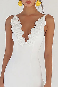 White Satin V Neck Short Bodycon Graduation Dress with Ruffles