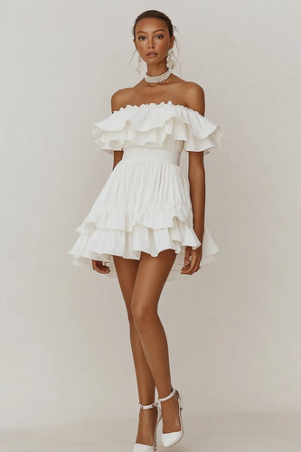 White Short A Line Graduation Dress with Ruffles