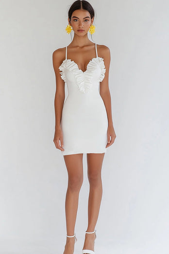White Mini Bodycon Graduation Dress with Ruffles