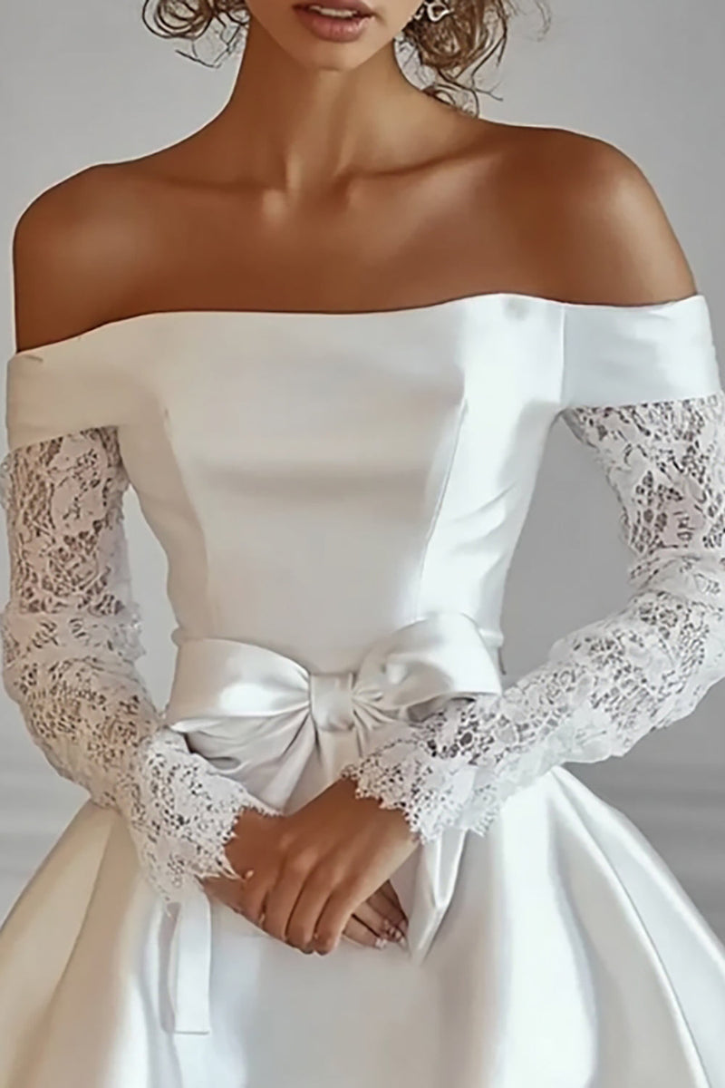 Load image into Gallery viewer, White Off The Shoulder Short A Line Graduation Dress with Lace