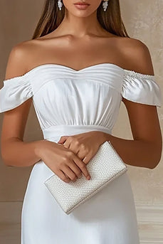 White Satin Off The Shoulder Midi A Line Graduation Dress