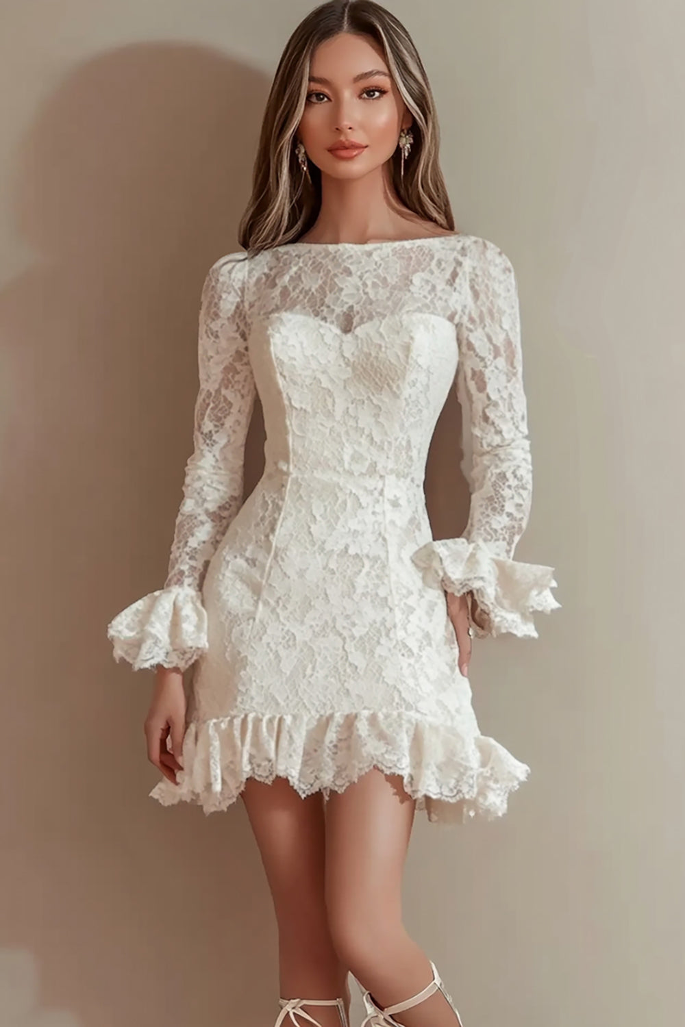 Ivory Lace Bateau Short Bodycon Graduation Dress with Ruffles