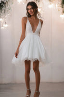 Load image into Gallery viewer, Women Tulle Short Bridal Shower Dress with Lace V Neck A Line Little White Dress