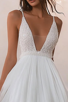 Tulle White V Neck Short A Line Graduation Dress with Lace