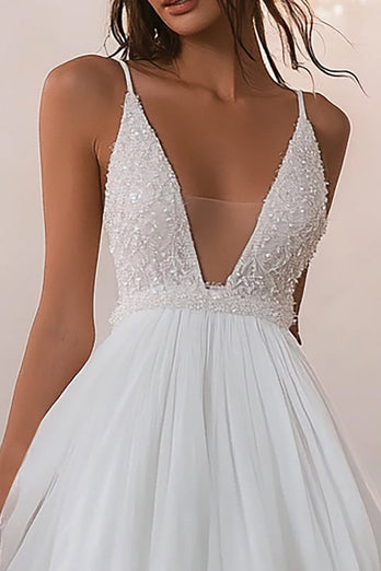Tulle White V Neck Short A Line Graduation Dress with Lace