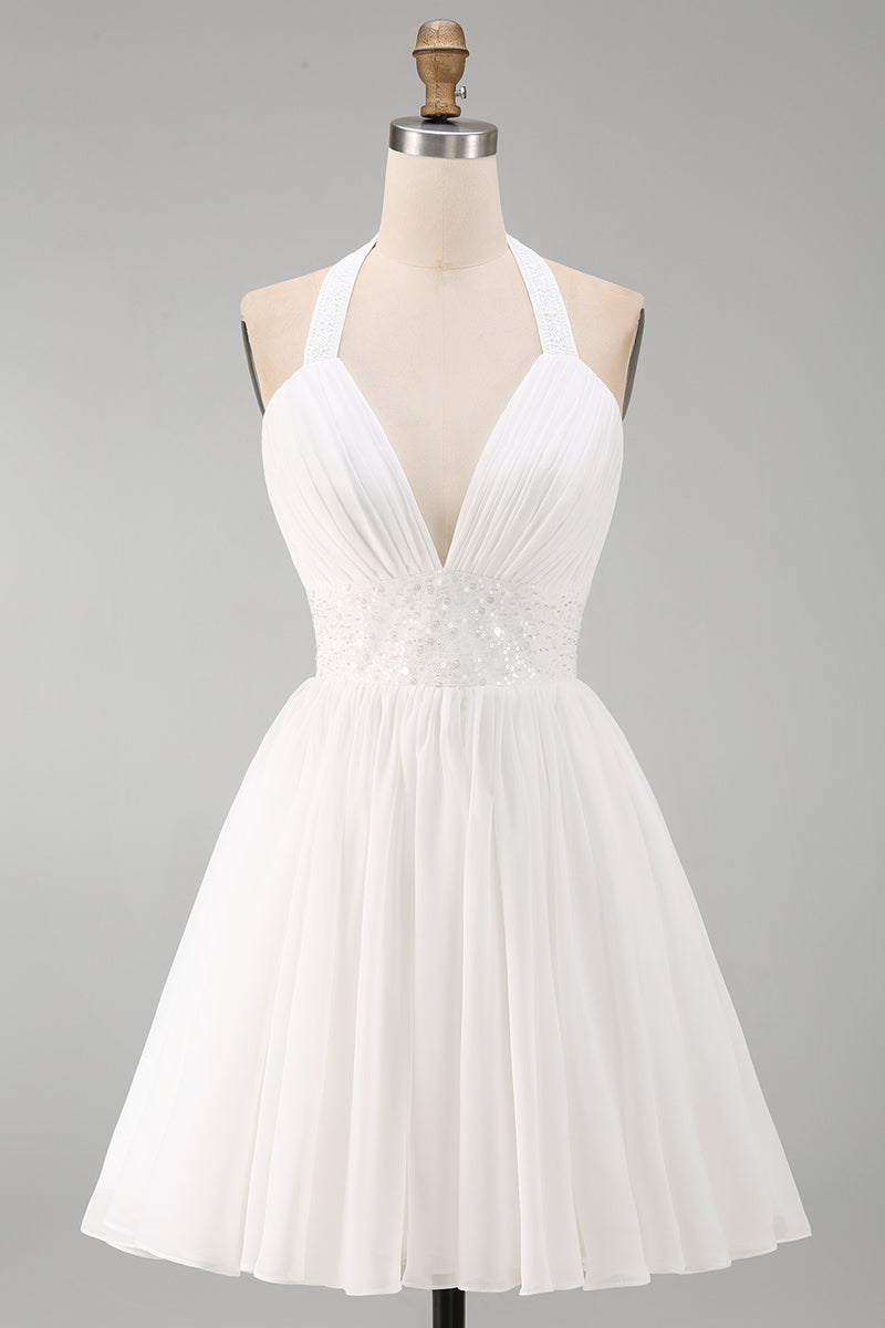 Load image into Gallery viewer, White Halter Short A Line Graduation Dress with Ruffles