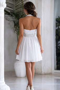 White Halter Short A Line Graduation Dress with Ruffles