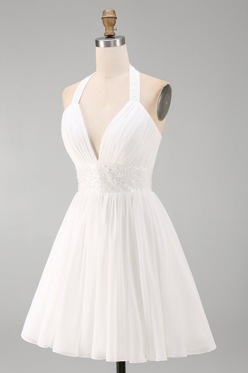 Load image into Gallery viewer, White Halter Short A Line Graduation Dress with Ruffles