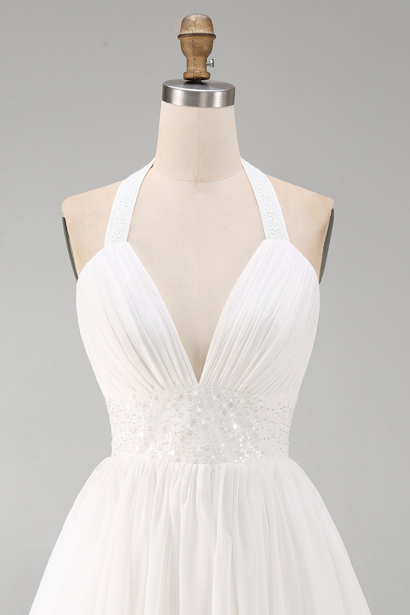 Load image into Gallery viewer, White Halter Short A Line Graduation Dress with Ruffles