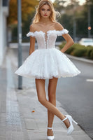 Load image into Gallery viewer, White A Line Off the Shoulder Mini Graduation Dress with Ruffles