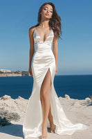 Load image into Gallery viewer, White Sheath Spaghetti Straps Satin Maxi Rehearsal Dinner Dress with Slit