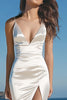 Load image into Gallery viewer, White Sheath Spaghetti Straps Satin Maxi Rehearsal Dinner Dress with Slit