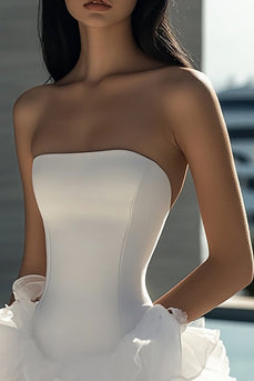 White A Line Strapless Satin Short Graduation Dress with Ruffles