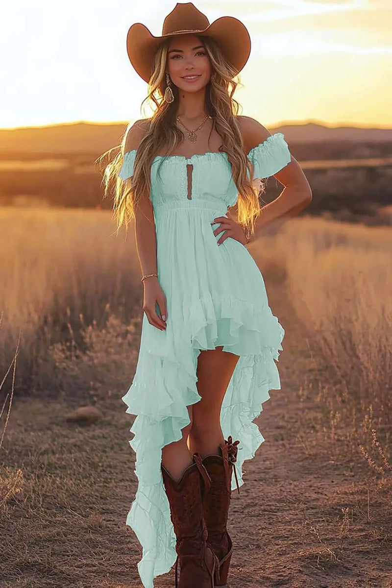 Load image into Gallery viewer, White A Line Off the Shoulder Asymmetrical Western Engagement Dress with Ruffles