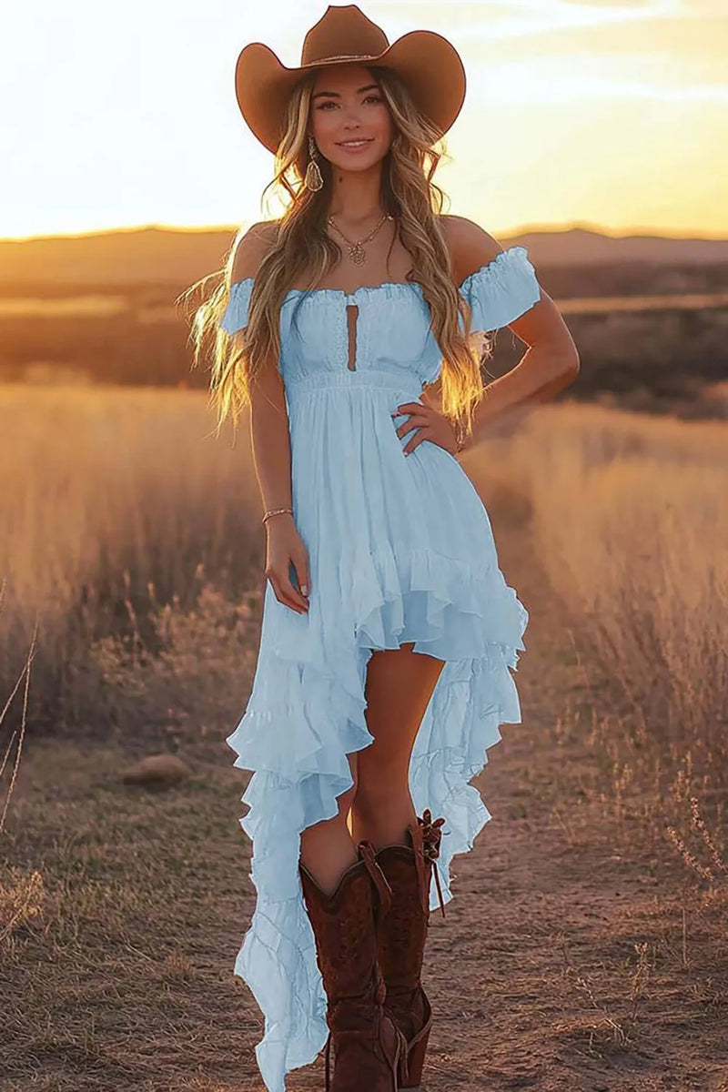Load image into Gallery viewer, Daffodil Asymmetrical A Line Off the Shoulder Western Dress with Ruffles