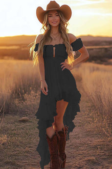 Daffodil Asymmetrical A Line Off the Shoulder Western Dress with Ruffles