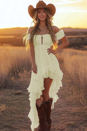 Daffodil Asymmetrical A Line Off the Shoulder Western Dress with Ruffles