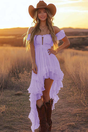 Daffodil Asymmetrical A Line Off the Shoulder Western Dress with Ruffles