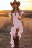 Load image into Gallery viewer, White A Line Off the Shoulder Asymmetrical Western Engagement Dress with Ruffles