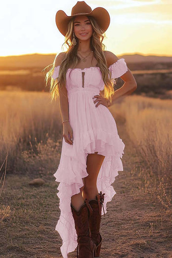 White A Line Off the Shoulder Asymmetrical Western Engagement Dress with Ruffles
