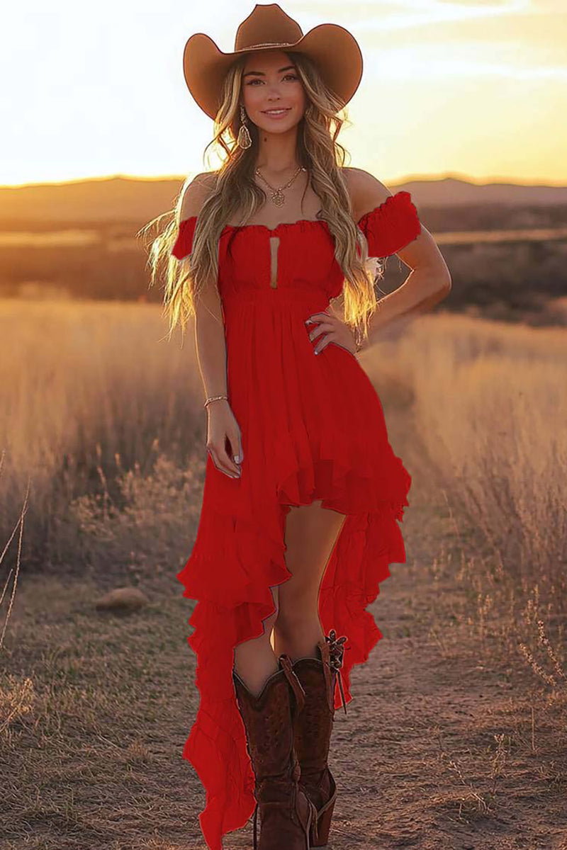 Load image into Gallery viewer, Daffodil Asymmetrical A Line Off the Shoulder Western Dress with Ruffles