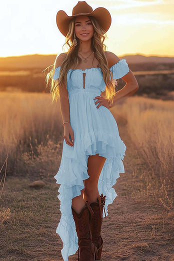 White A Line Off the Shoulder Asymmetrical Western Engagement Dress with Ruffles
