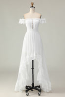Load image into Gallery viewer, White A Line Off the Shoulder Asymmetrical Western Engagement Dress with Ruffles