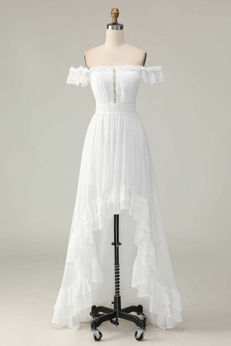 Load image into Gallery viewer, White A Line Off the Shoulder Asymmetrical Western Engagement Dress with Ruffles