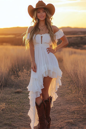 White A Line Off the Shoulder Asymmetrical Graduation Dress with Ruffles