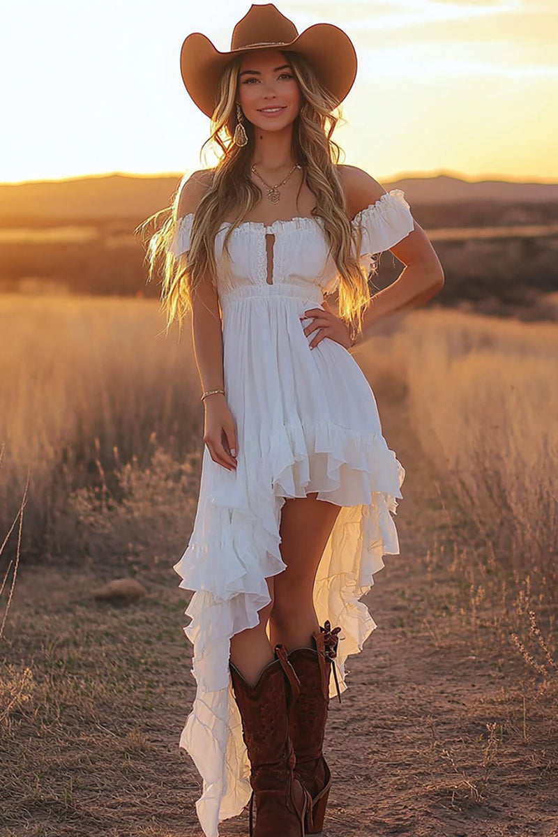 Load image into Gallery viewer, White A Line Off the Shoulder Asymmetrical Graduation Dress with Ruffles