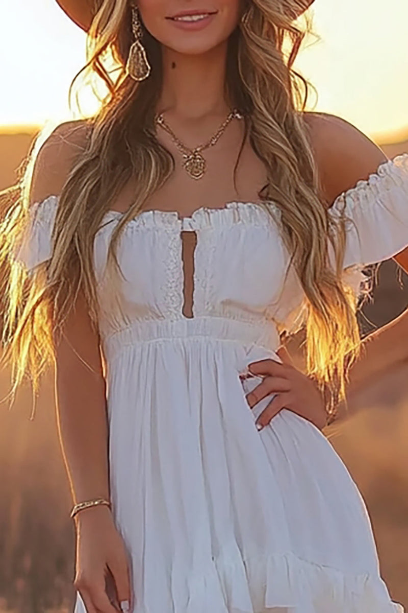 Load image into Gallery viewer, White A Line Off the Shoulder Asymmetrical Graduation Dress with Ruffles