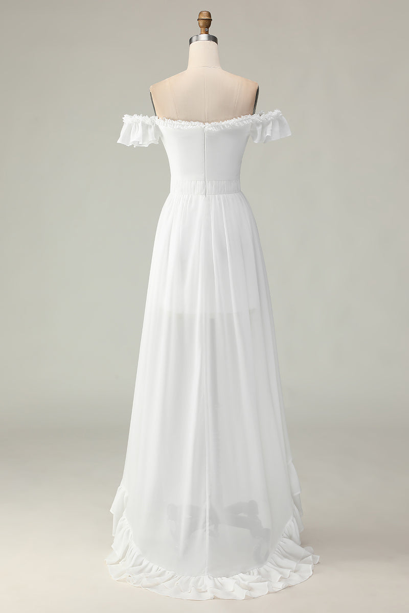 Load image into Gallery viewer, White A Line Off the Shoulder Asymmetrical Western Engagement Dress with Ruffles