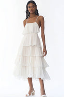 Load image into Gallery viewer, White Spaghetti Straps A Line Tiered Maxi Rehearsal Dinner Dress