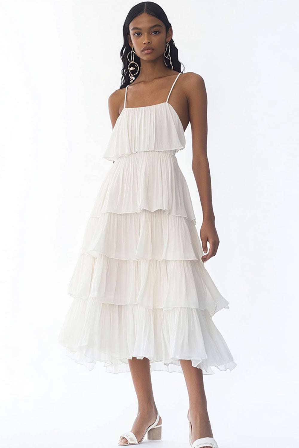 White Spaghetti Straps A Line Tiered Maxi Rehearsal Dinner Dress