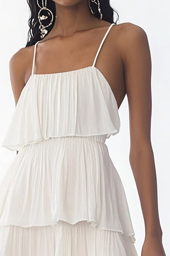 White Spaghetti Straps A Line Tiered Maxi Rehearsal Dinner Dress