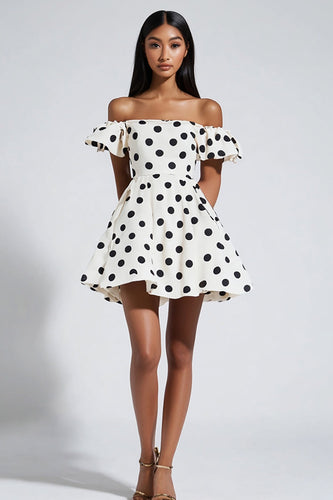 White Polka Dots Off the Shoulder Short Graduation Dress