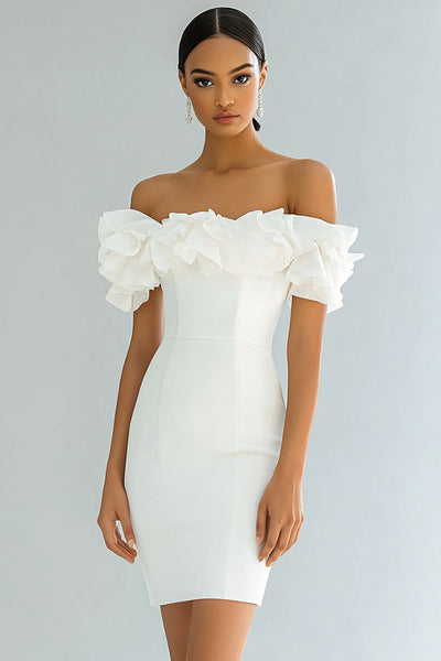 Ivory Bodycon Off the Shoulder Satin Short Graduation Dress