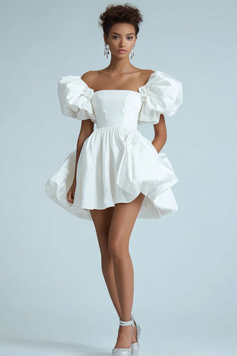 White A Line Off the Shoulder Ruffled Satin Short Graduation Dress